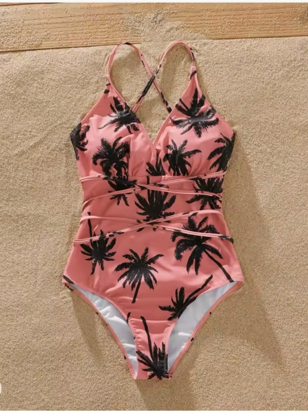 PatPat women’s coral Pink One-Piece Swimsuit Black Palm Print size Large NWT